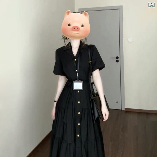 女性用 大きいサイズ 黒の Vネック シャツ ドレス 太め MM向け 夏の スタイル ハイエンドな 半袖 ウエスト 丈の スリミング スカート 女性用 大きいサイズ 黒の Vネック シャツ ドレス 太め MM向け 夏の スタイル ハイエンドな 半袖 ウエスト 丈の スリミング スカート