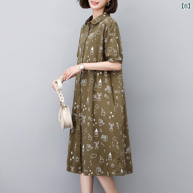 大きめ サイズ レディース 綿の ドレスの 夏 ゆったり 太った MM ママ ドレス シャツ スカート お腹を カバー カジュアル 中年 プリント