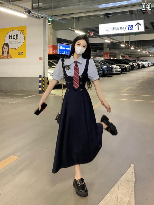 カジュアル ワンピース シンプル 大きいサイズ 大きいサイズ フレンチ カレッジ スタイル フェイク ツーピース ドレス 夏の 脂肪 mm ウエスト スリム ネクタイ 制服 ショート スカート