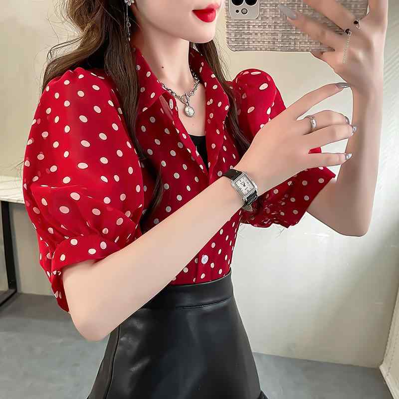 ゆったり 体型カバー 大人かわいい カジュアルシャツ 上品 花柄 シャツ トップス レディース 夏の 韓国 レディース 年齢を 感じさせにくい シャツ 美 白 ドットの スリミング バブル 半袖 シフォン トップス