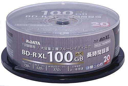 ・RiDATA BR520EPW4X.20SP 1回録画用 片面3層 2-4倍速 ブルーレイディスク ホワイトプリンタブル RiTEK BD-R XL 100GB 20枚1回録画用BD-R XL 100GB（片面3層）地上デジタル 720分/ BSデジタル 520分 / 4K BS CSデジタル 370分インクジェットプリンター対応ホワイトレーベル（内径22mmまで印刷可能なワイドプリントエリア）キズ、ほこり、汚れに強いハードコートディスク2－4倍速記録対応スピンドルケース入り　20枚パック