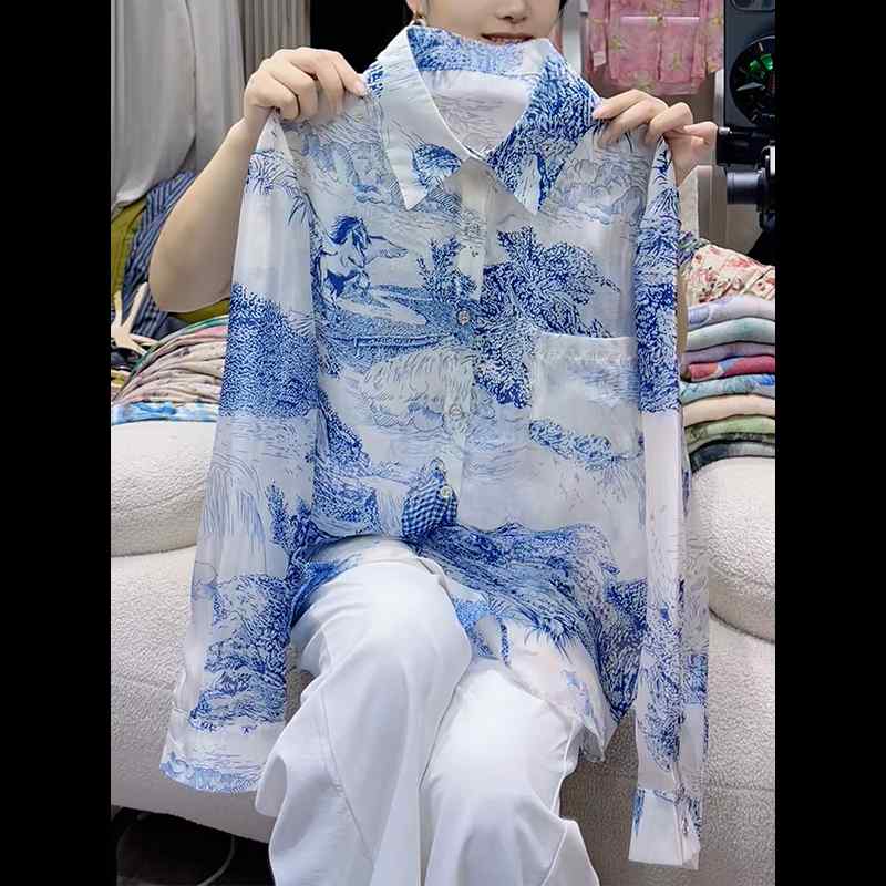 トップス おしゃれ 上品 カジュアル きれいめ 花柄 シャツ トップス レディース 2025 春の 韓国 青と 白の 磁器の スタイリッシュな プリントの 高級 民族 風 シャツ 女性用 大きいサイズ 美 白 ファッション