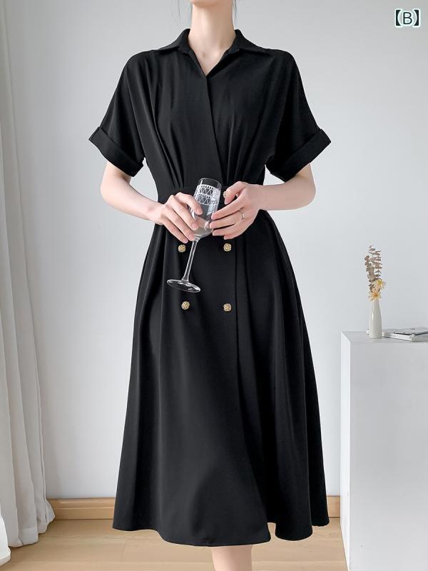 カジュアル ワンピース シンプル 大きいサイズ 夏 大きめ サイズレディース 半袖 ワンピース 200ポンド 韓国 ウエスト スリム シャツ カラー 膝丈