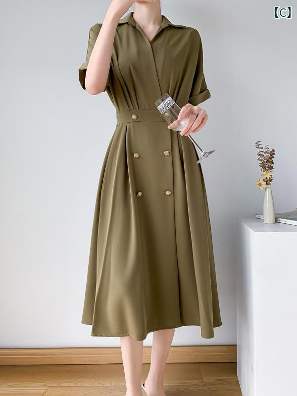 カジュアル ワンピース シンプル 大きいサイズ 夏 大きめ サイズレディース 半袖 ワンピース 200ポンド 韓国 ウエスト スリム シャツ カラー 膝丈