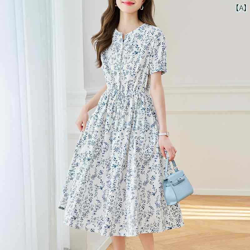 カジュアル ワンピース シンプル 大きいサイズ シャツ ワンピース 2025夏 レディース ウエスト 細身小 花柄 ミディアム 丈 スカート aライン