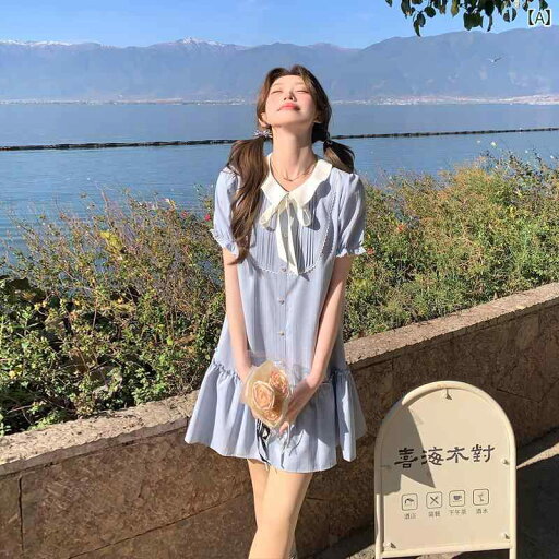 カジュアル ワンピース シンプル 大きいサイズ 女性用 ブルー ドール カラー ドレス 2025夏 韓国 カレッジ 風 甘く 若 見え 小柄 シャツ カジュアル ワンピース シンプル 大きいサイズ 女性用 ブルー ドール カラー ドレス 2025夏 韓国 カレッジ 風 甘く 若 見え 小柄 シャツ