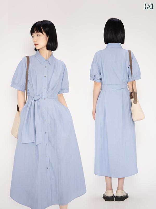 カジュアル ワンピース シンプル 大きいサイズ Shu Rui 2025 夏の レースアップ 無地 シャツ ワンピー..