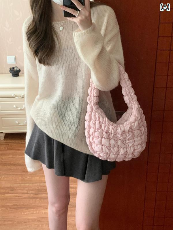 2024夏の 韓国 ミニ プリーツ クラウド バッグ 女性 軽量 手持ち ショルダーバッグ 餃子(4)