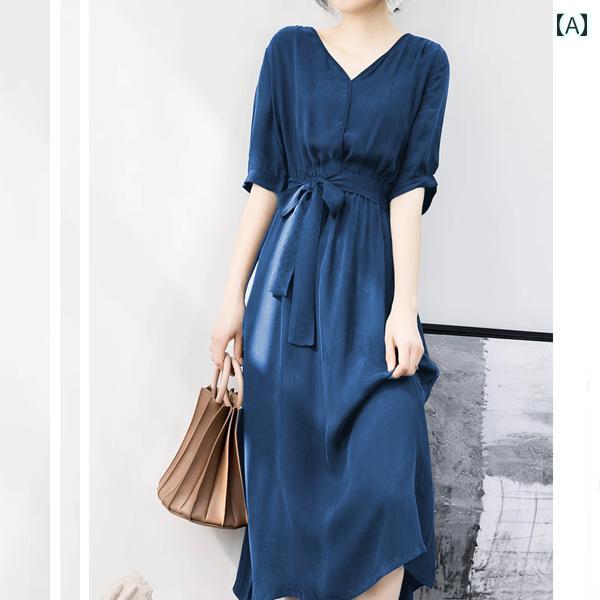 シャツワンピース レディース 長袖 白 オフィス Zhihe ハイエンドの スリム ブルー Vネック シルク ロング スカート ドレス レディース スリムフィット 半袖無 地肌を カバー