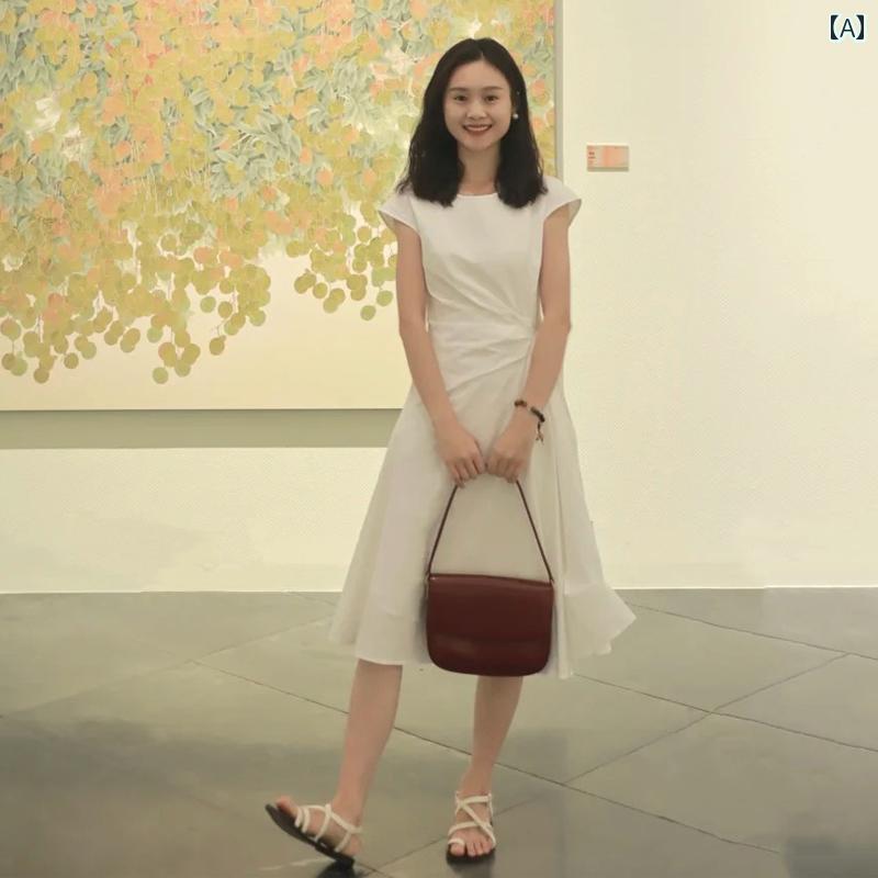 シャツワンピース レディース 長袖 白 オフィス 韓国 白い ラウンドネック 半袖 ミドル 丈 スカート レディース 夏 ウエスト 痩せ 通勤 ドレス