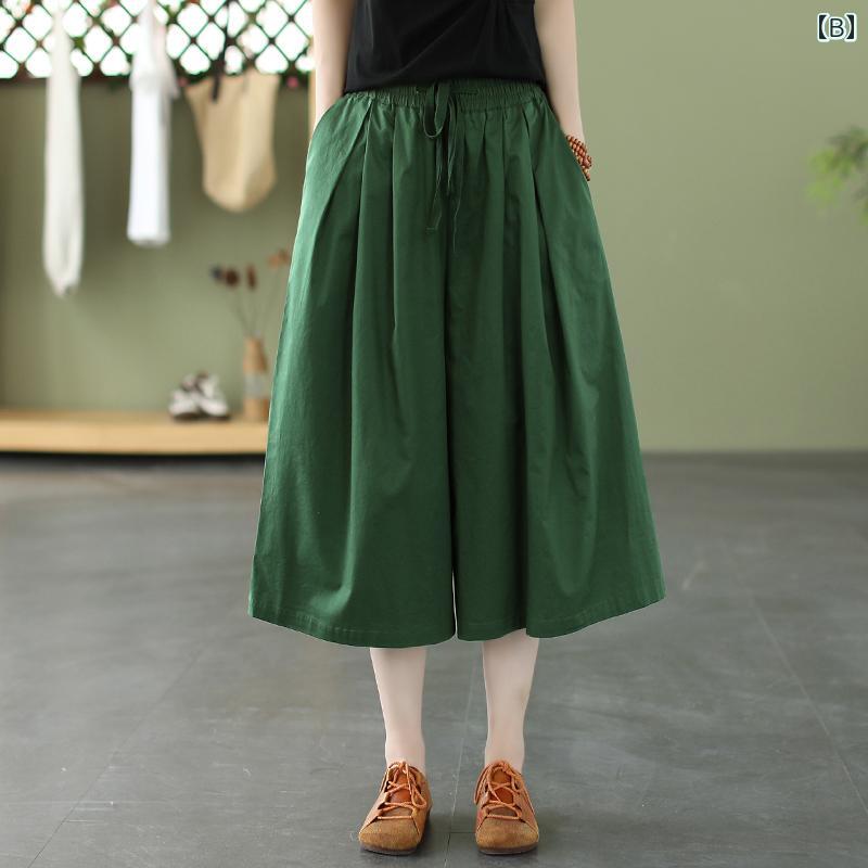 ワイドパンツ レディース涼しい素材ウエスト楽ちんパンツ 体型カバー 夏服ゴム入り