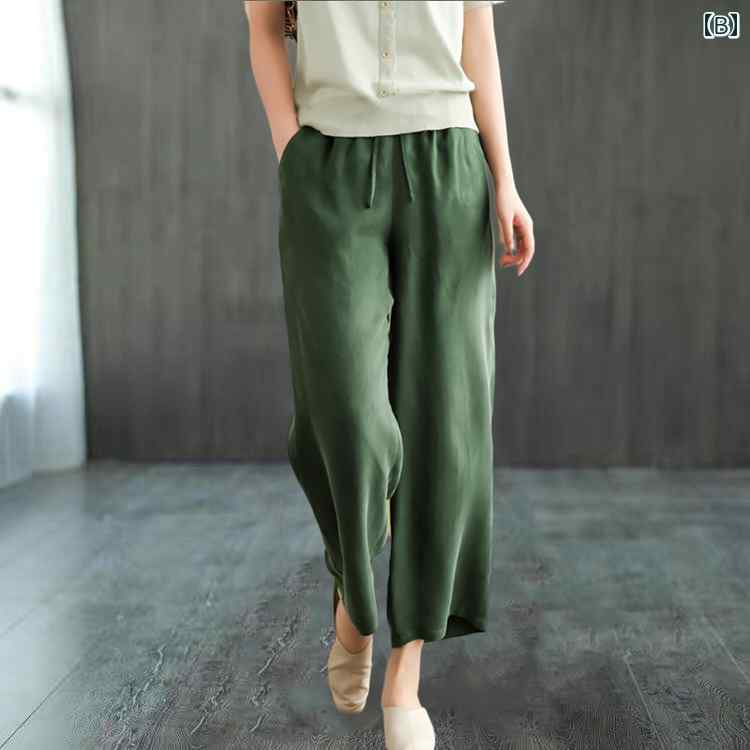 ワイドパンツ レディース涼しい素材ウエスト楽ちんパンツ 体型カバー 夏服ゴム入り