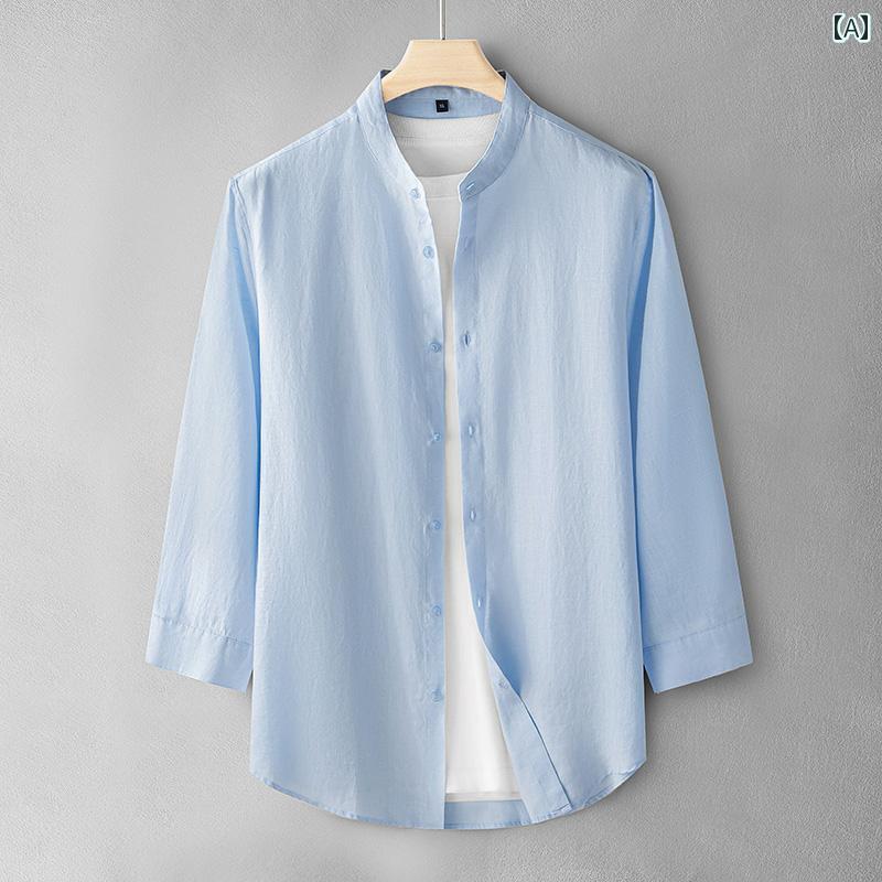 夏用 七分袖 リネンシャツ メンズ フル リネン 半袖 シャツ 通気性の ある コットン& リネン トップ コート