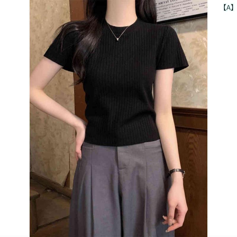 ショート丈 カーディガン 丸 襟の 肩の 黒い t シャツ レディース 半袖の 夏の 新型の 韓 系の 修身は やせている ニットの レディース 上着を 現します。のサムネイル