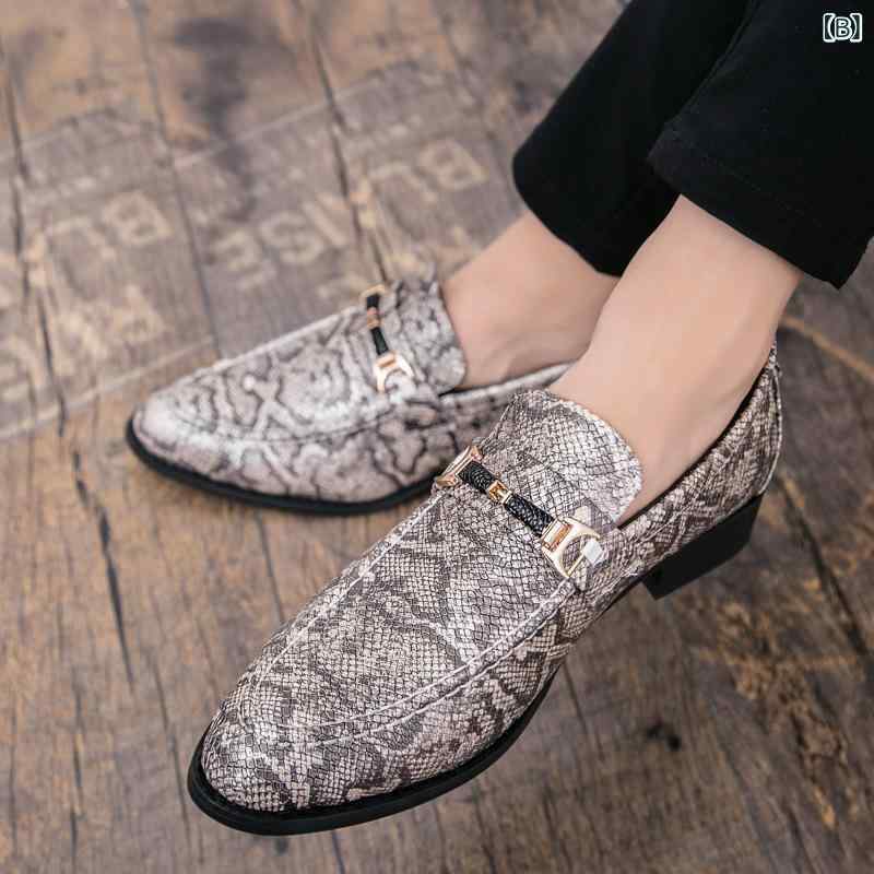 メンズ シューズ 革靴 レザーシューズ スリッポン ローファー ポインテッドトゥ ヘビ柄 パイソン柄 パイソン柄 カジュアル ドレスシューズ パーティー ナイトシーン ホスト 衣装 個性的 おしゃれ 男性用 紳士靴