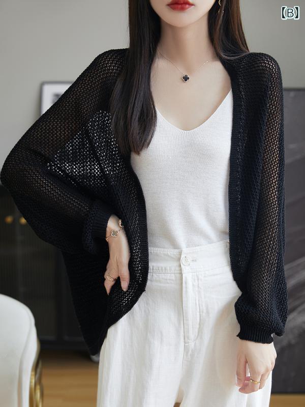 サマーカーディガン レディース トップス ファッションの 天 糸 亜 麻の 透かし彫りの ストールの コートの 夏の レディース ゆったり カジュアル コウモリの 袖の 網の目の ニットの カーディガン