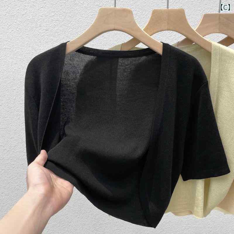 ショート丈 カーディガン ニットカーディガン 女性 2025新 夏 半袖の 小さい ストールの 外に 氷 糸 日焼け防止 ブラウスの 短い 上着が ついている