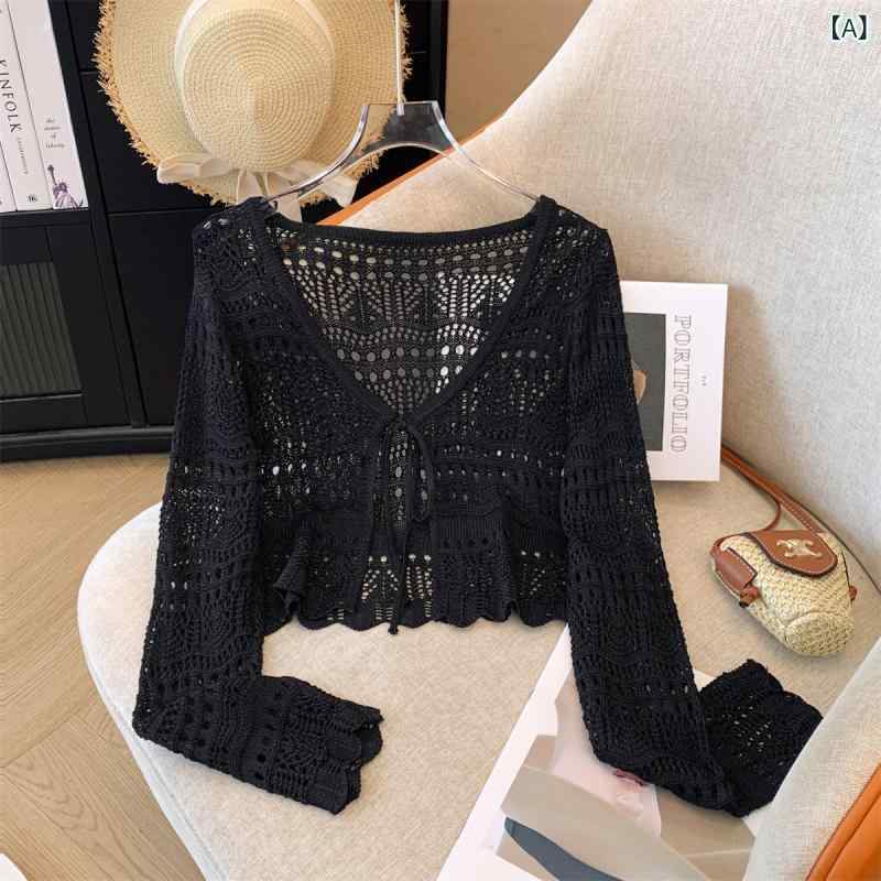 ショート丈 カーディガン 実写 2025 夏の 新型 百合 透かし彫り 花 亜 麻 ニットの 長袖 カーディガンの 女性