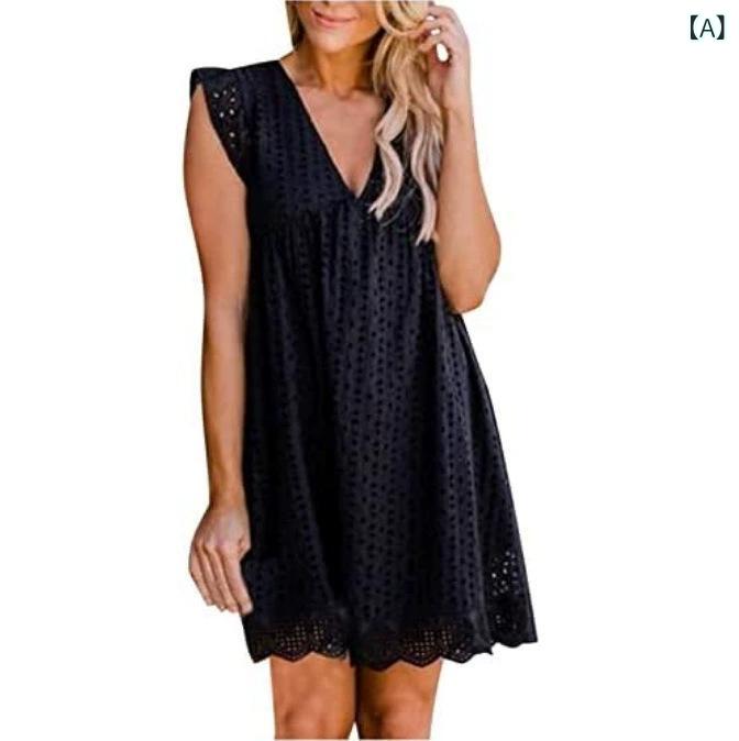 ホワイト 白 ショート丈 ミニ Vネック の ビーチ リゾート 風の 透かし彫りの ハスの 葉の 縁の ポケットの ベストの ズボンの スカートの 夏の 色の v ネックの ミニの ワンピース