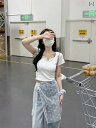 ホワイト 白 ショート丈 ミニ Vネック アメリカ 小さい v ネックの 肩の な 欲の ギャルの 半袖の t シャツ レディース 夏の 2025 新型の 修身...