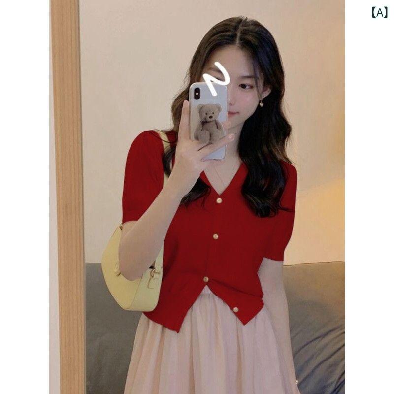 ショート丈 カーディガン 牛 油 果 緑 半袖 カーディガン 女性 夏 フランス 風 優しい 風 泡 袖 v ネッ..