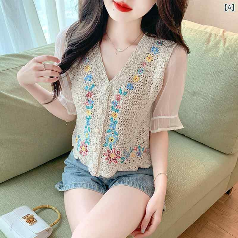 ショート丈 カーディガン フランス 式の 小さい 清新な 薄手 ニットの カーディガンの レディース 夏の 新型の v ネックの 小さい シャツ 透かし彫りの 短い シフォンの 上着(4)