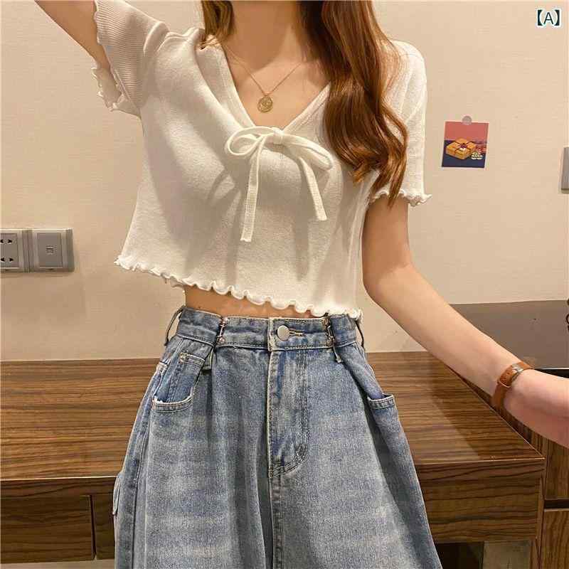 ホワイト 白 ショート丈 ミニ Vネック 夏の フランスの 小さい 蝶 ネクタイの 木の 耳元の 短い ニットの レディース 青い 短い 上着