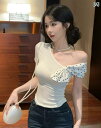 ホワイト 白 ショート丈 ミニ Vネック 魅惑的 フランス 式の 欲の 肩の 蝶 結びの 半袖 t シャツ レディース 夏の ギャルは やせています。