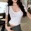 ホワイト 白 ショート丈 ミニ Vネック 2025 欲 ギャル U 襟 半袖 白 t シャツ 女性 夏 感小 衆 修身 トップス