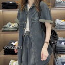 レディース セットアップ ジャケット デニムの コートの 半 ズボンの スーツ 婦人服の 夏の 2025 新型の ナシの 形の 体つきの ゆったりしている 2つの セットは やせています。