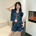 レディース セットアップ ジャケット 夏は 小柄な 日 系 デニムパンツ セットを 着ています。