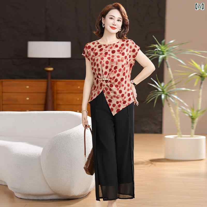 レディース セットアップ ジャケット 中年のお母さんの 夏服の 高貴な t シャツ 小さい シャツ スーツ 2025 新型の レディース 洋 気の 半袖の 上着の ズボンの スカートの 2つの セット