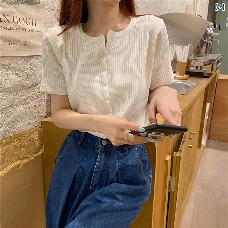 ニット トップス 七分丈 丸 首の カーディガンの 半袖の ニットの レディース 夏の 2024年の 新型の 韓国は ゆったりしていて 痩せています。