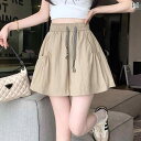 レディースワイドパンツ シンプル 大人カジュアル カーキ色 速乾 半 ズボン 女性 夏 ひも高 腰 ゆるい 五分 ワイド パンツ小 背 A 字 カジュアル パンツ