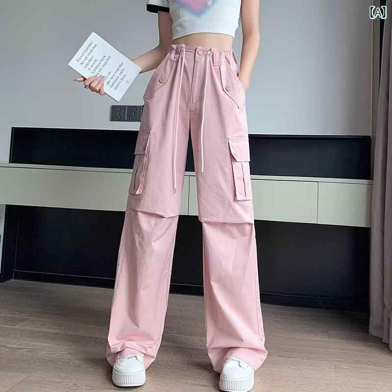 カーゴパンツ レディース ワイドパンツ 夏の 薄手 タイプの 工 装の ズボンの レディース アメリカ 式の クールな 腰の 広い 足の ズボンの ゆったりしている ストレートな 筒の モップの 運動の レジャーの 長い ズボン(4)