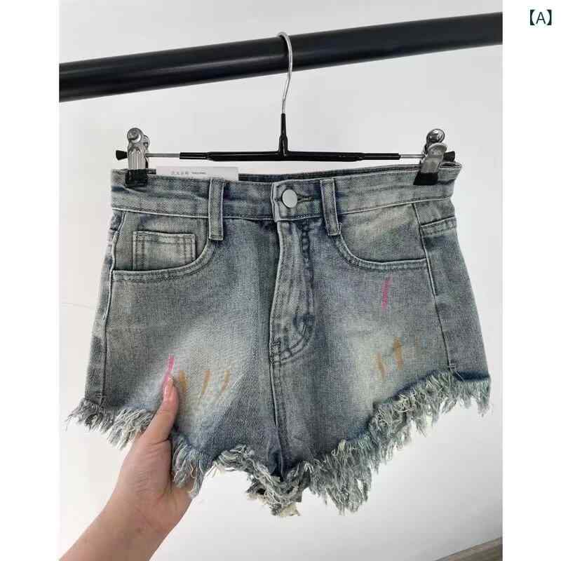 デニムパンツきれいめ ストレート ハイウエスト アメリカ レトロ高 腰の 毛の 縁の デニムの 半 ズボンの レディース 2024年の 夏の 新型の ゆったりしている a 字の 広い 足の 熱い ズボン