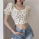 レディース フレンチスリーブ シアージャガード 夏の アメリカ 復古 風の 砕 花の ワッフルの 短い t シャツ レディース 襟の 泡の 袖は へその 上着の 潮を 現します。