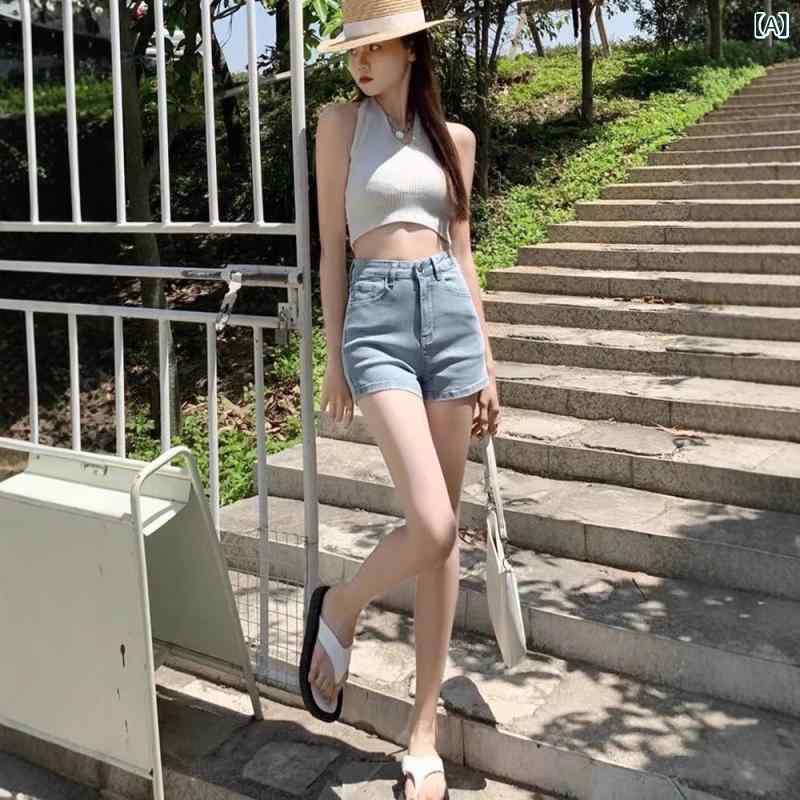 デニムパンツきれいめ ストレート ハイウエスト ギャル デニム a 字 ショート パンツ 子供 夏 薄手 202..