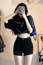 デニムパンツきれいめ ストレート ハイウエスト ファッションの 黒い デニムの ショート パンツの レディース 夏の 修身は やせています。(4)