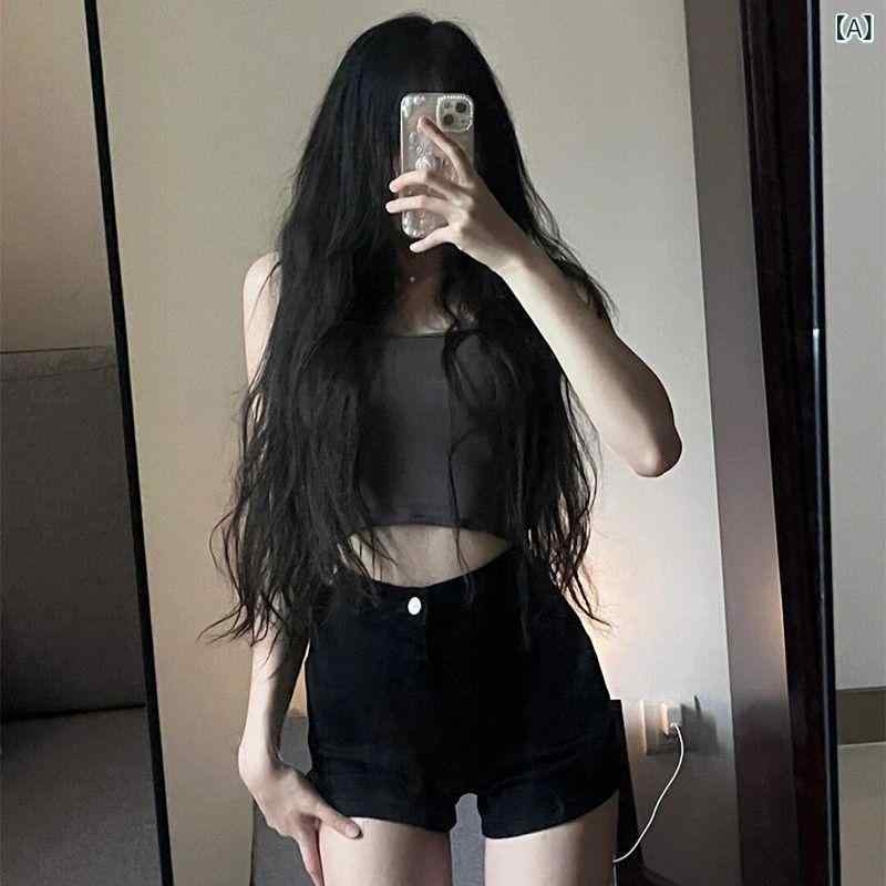 デニムパンツきれいめ ストレート ハイウエスト 風 感 黒 デニムショートパンツ 女性 春夏 ハイウエス..