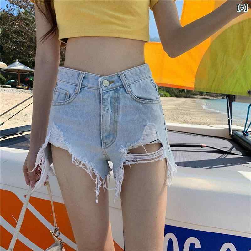 デニムパンツきれいめ ストレート ハイウエスト 2024 春夏 ゆるい ストレート 穴 破れ 明るい 色 外 付..