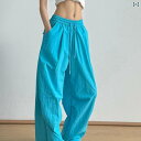 カーゴパンツ レディース ワイドパンツ 湖の 青い 復古の しわの 傘の 兵の 服装の ズボンの レディース 夏の 薄手 金の ゆったりしている まっすぐな 筒の レジャーの 広 脚の 運動の 長い ズボン