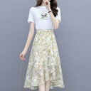 シャツ ブラウス ワンピ Aライン 金 歩 康 単 / ワンピース セット 女性 小 清新 不規則 シフォン 砕 花 スカート 夏 スカート t シャツ 2点 ...