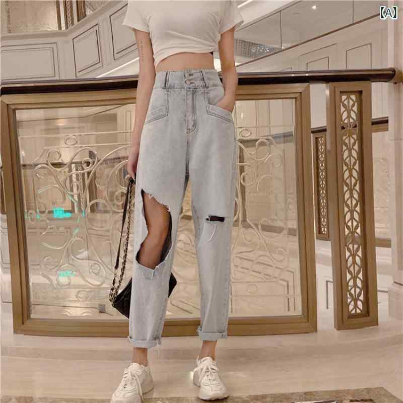 レディース デニムパンツ ワイド レディース デニムパンツ ワイド 夏の 薄手 タイプの 風の 復古の 大きい 穴の ジーパンの レディース 腰の ゆったりしている のが 見えます。