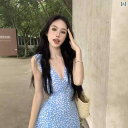 レディース マキシ丈ノースリーブワンピース 青い 花の v ネックの ベストの ワンピースの 婦人服の 夏の 休暇は スカートを 修理 して 重ねて 袖なしで 腰の a 字の スカートを 収めます。