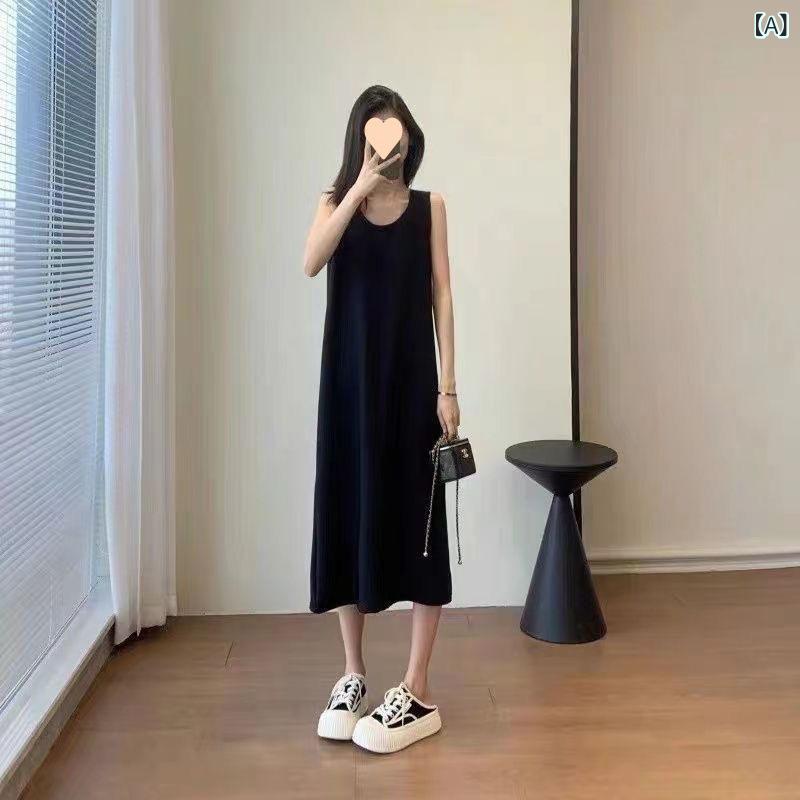 レディース マキシ丈ノースリーブワンピース 黒 ノースリーブ チョッキの ワンピース 春夏の 新型の ゆったり した 大きいサイズは 痩せています。