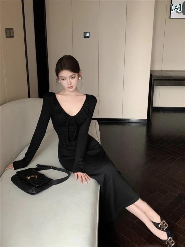春秋 ワンピースの 婦人服の 高級 感の ハスの 葉の 辺の v ネックの 長袖の 中で 底を 打って 身を 修める のが 見えます。