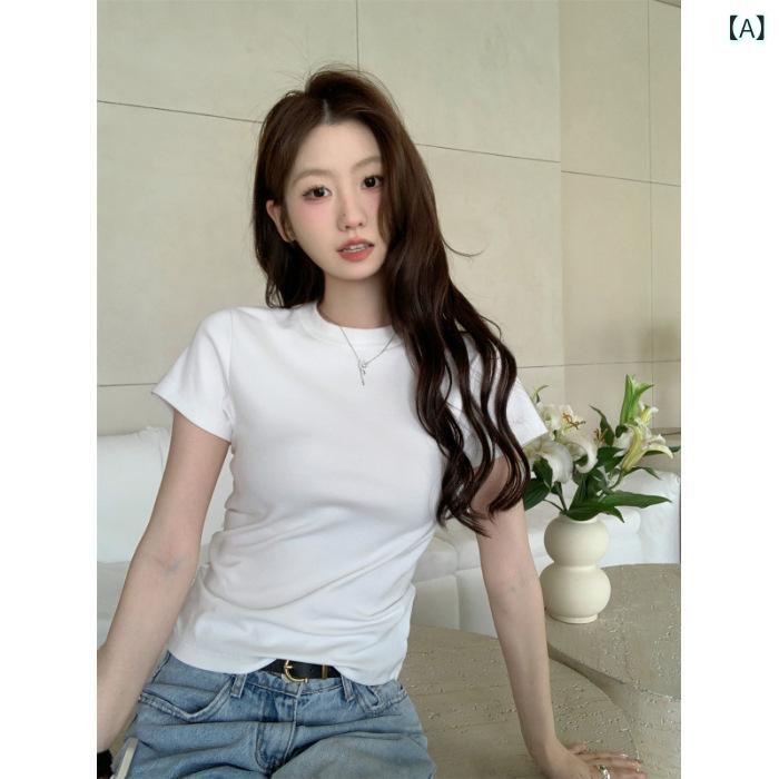 レディース ショート丈 トップス 半袖tシャツ スリム スリム 丸 首 半袖 t シャツ 女性 夏小 衆 色 百合 ギャル高 腰短 金 底 上着