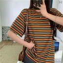 レディース ショート丈 トップス 半袖tシャツ アメリカ レトロ ストライプの 半袖 t シャツ レディース 夏の 高級 感が。