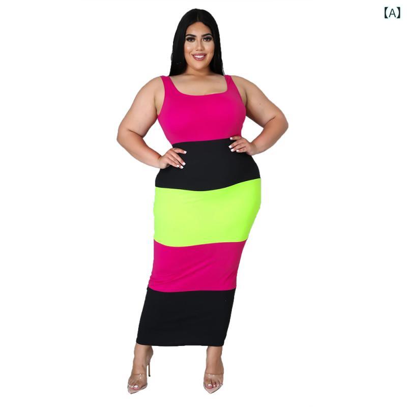 レディース マキシ丈ノースリーブワンピース Mm 2114 欧米の な 多 色の つなぎ合わせの 大きいサイズ ..